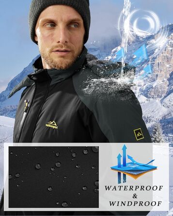 Зимова куртка KEFITEVD для чоловіків: водонепроникна, тепла, з відстібаною капюшоном, флісова куртка Softshell, чорно-сірий (S)