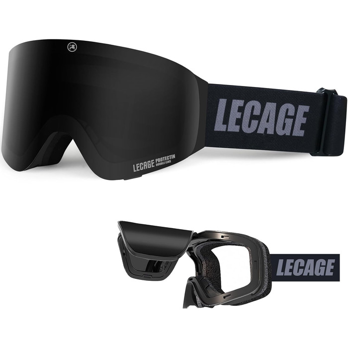 Снігові окуляри Lecage без рамки з дзеркальними лінзами для чоловіків та жінок. Захист від запотівання та УФ-фільтр. Підходять для катання на лижах та сноуборді. Чорний колір.