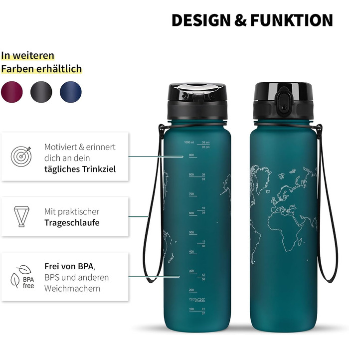 Бутилка для води 720°DGREE uberBottle 1 л з ситечком, зелена, Tritan, BPA-free, герметична, для спорту, фітнесу, університету, велоспорту, outdoor, багаторазова, Softtouch