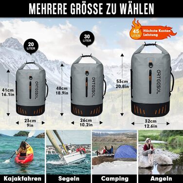 Чорний рюкзак Blackace Arteesol водовідштовхуючий, Dry Bag 20L, 40L, 45L. Ідеально для каякінгу, кану, кемпінгу, трекінгу, походів, вітрильного спорту та інших водних видів спорту (сірий, 45L)