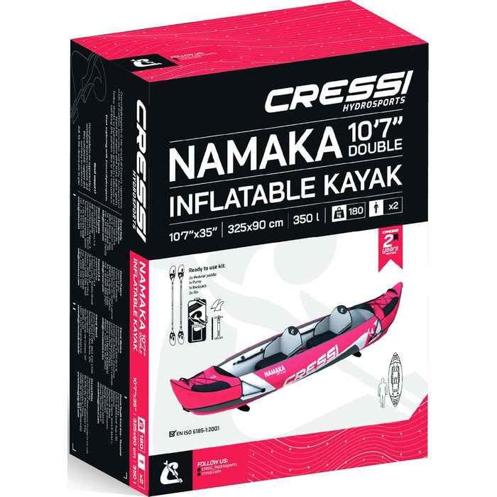 Надувний каяк Cressi Namaka 10'7'' для двох, трикамерний, регульовані сидіння, червоний, 26.5 см