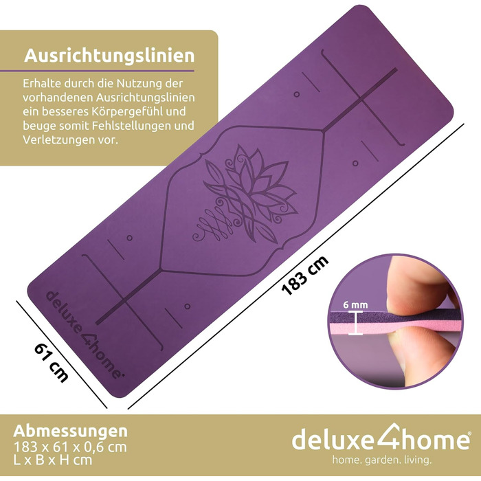 Двосторонній килимок для йоги та фітнесу deluxe4home, нековзний, з лініями вирівнювання, з ременем для перенесення, фіолетовий, для йоги, пілатесу та тренувань