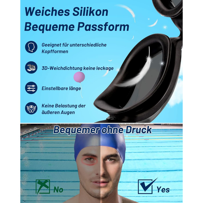 Окуляри для плавання Zerhunt для чоловіків, жінок, дітей. Антизапітніння та захист від УФ. Окуляри для дайвінгу та водного спорту. Подарунок для чоловіків, жінок, дівчаток та хлопчиків 10+. Чорний/сріблястий колір.