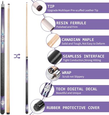 Набір більярдних київ Kmise Pool-Queue-Stick Set – 147 см, канадський клен, професійні, для дорослих, різні кольори, для барів, дому, більярдних столів, 6 кольорів, 510 г