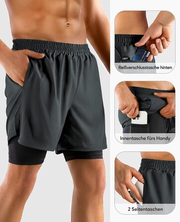 Шорти чоловічі Niksa 2er Pack 2-в-1: спортивні, швидковисихаючі, дихаючі, з кишенею для телефону (XL, сірий)