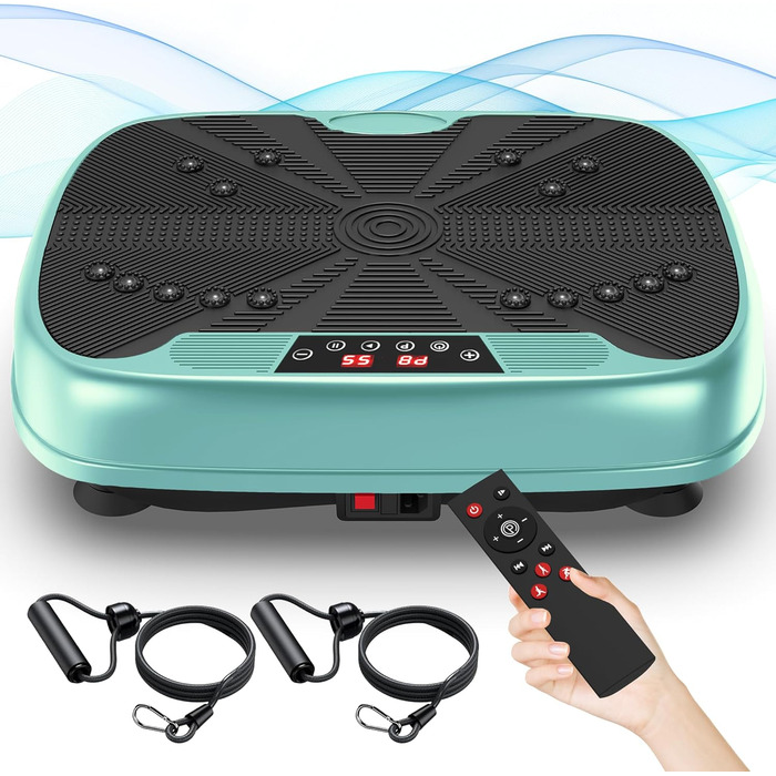 Віброплатформа для тренувань з магнітною терапією та Bluetooth | 99 рівнів швидкості, тренування всього тіла | Віброплатформа з еластичними стрічками та пультом керування для дому, для схуднення (Зелена)