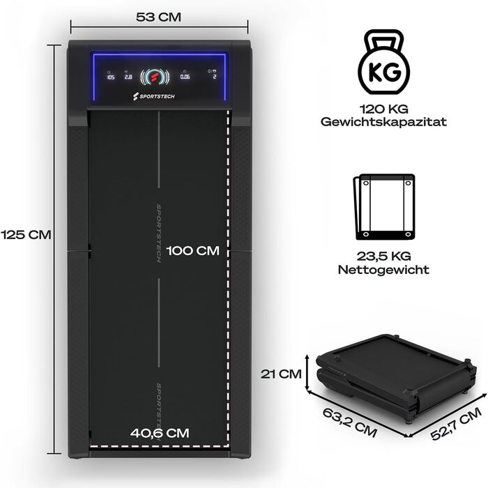 Тренажер Sportstech sWalk Fold: компактний біговий доріжки для дому з LED-підсвіткою та керуванням через додаток, до 6 км/год, 120 кг