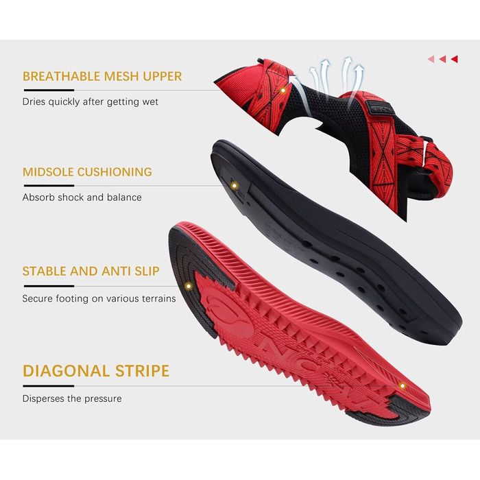 Чоловічі сандалії ONCAI Wandersandalen - сітка, літо, пляж, водний спорт, трекінг. Матеріал: сітка, регульовані ремінці, розмір EU 49, червоний колір