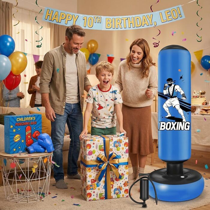 Боксерський мішок надувний для дітей 168 см з рукавичками та насосом, блакитний, з мотивом бійця, для дому, 5-12 років, для Karate та Taekwondo