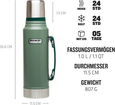Термос Stanley Classic Legendary 1L Hammertone Green - Збереження тепла/холоду 24 години, з нержавіючої сталі, BPA Free, для подорожей