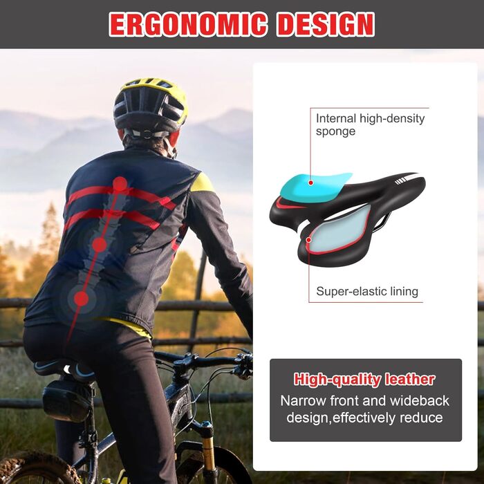 Велосипедне сідло ENJOHOS, водонепроникне, PU, для гірського, трекінгового, туристичного та шосейного велосипедів (червоне гелеве)