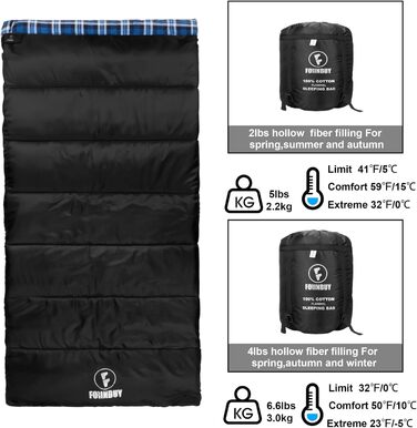 Спальний мішок фланелевий теплий 3-4 сезони XXL з бавовняним підкладком для дорослих, риболовлі, кемпінгу, піших прогулянок, легкий для дому та на вулицю, блакитний, 2lbs наповнювач