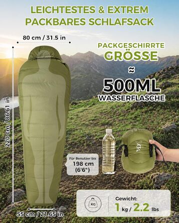 Спальник ATEPA 700FP для дорослих, ультралегкий 0°C (RDS пух, 15D Nylon, для кемпінгу, туризму, альпінізму), зелений