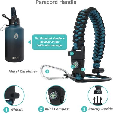 Термос-пляшка 2L з нержавіючої сталі з трубочками та 3 кришками, термос-пляшка з паракордом, термокана 2 літри з щіткою для миття, для фітнесу (Синій+Чорний)