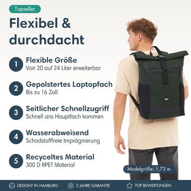 Жіночий рюкзак LARKSON Rolltop, зелений, великий, для школи, університету, велосипеда, з відділенням для 16-дюймового ноутбука, водовідштовхувальний, антивикрадний, екологічний