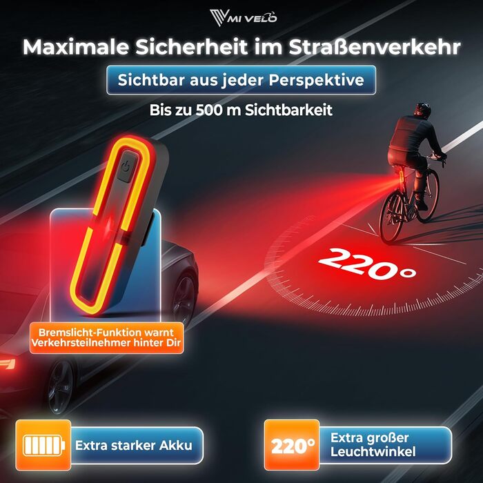 Велофара MIVELO з гальмівною індикацією - комплект передньої та задньої велолампи LED, StVZO, IPX5, USB, Power-Akku