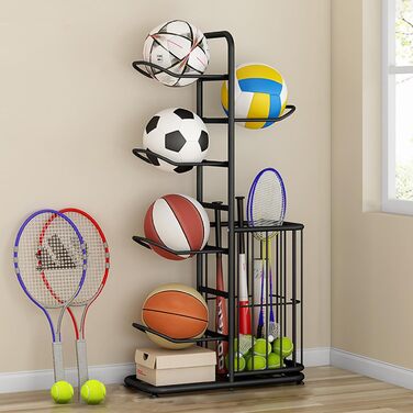 Стенд для зберігання баскетбольних м'ячів Ballständer: полиця для спортивного обладнання, відкидна стійка-тримач на 5 м'ячів та кошиків, баскетбольний кошик для регбі, волейболу, футболу