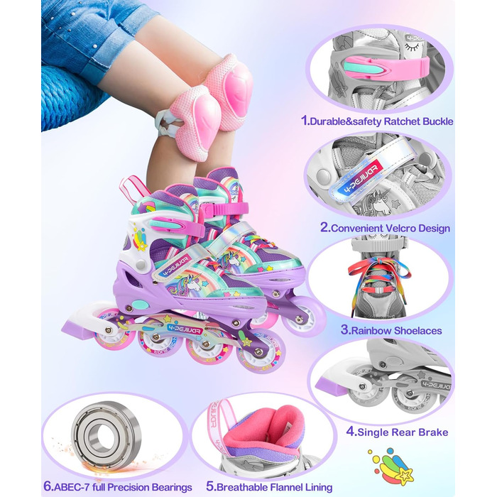 Інлайнери для дівчаток Einhorn: регульовані ролики з підсвічуванням, розмір S (30-33), фіолетовий колір