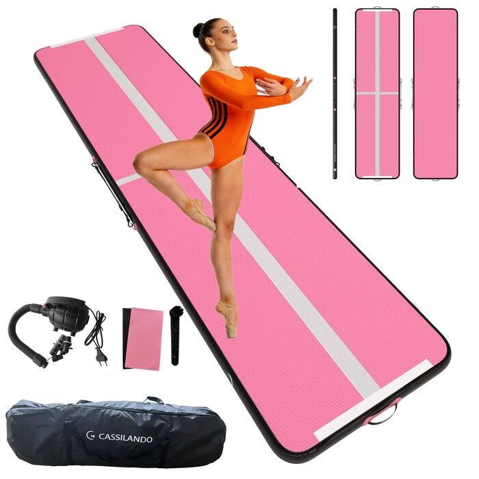 Гимнастичний надувний мат Airtrack CASSILANDO для тамблінгу та йоги, матовий, 400 x 100 x 10 см (Рожевий/Чорний) з насосом