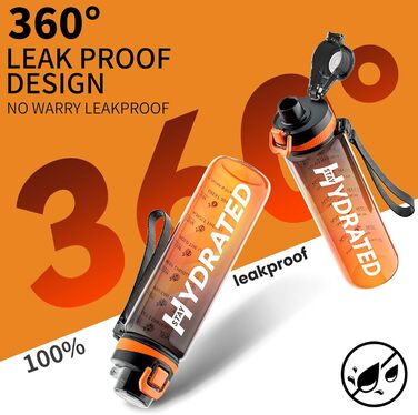 Спортивна пляшка для води з позначеннями часу, 1000 мл, Tritan, без BPA, вихідний колір - Sunset Orange