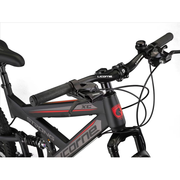 Гірський велосипед Licorne Bike Strong 2D Premium 29 дюймів, чорний/червоний, дискові гальма, 21 швидкість, повна амортизація для юнаків, дівчат, жінок і чоловіків