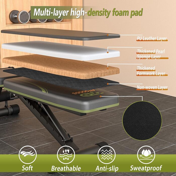 Регульована лава для тренажерного залу вдома, складана лава для занять спортом на 317,5 кг з 9 положеннями спинки, універсальна лава для жиму з можливістю нахилу та регулювання, з 2 еластичними стрічками