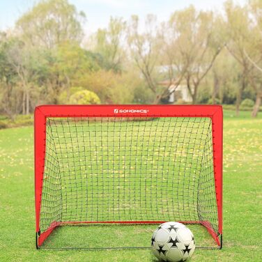 Ворота для футболу SONGMICS для дітей, 2 шт., Pop-up, 90x120x90 см, швидкий монтаж, для саду, парку, пляжу, стійки з скловолокна, Oxford-тканина та поліестерна сітка (Червоний)