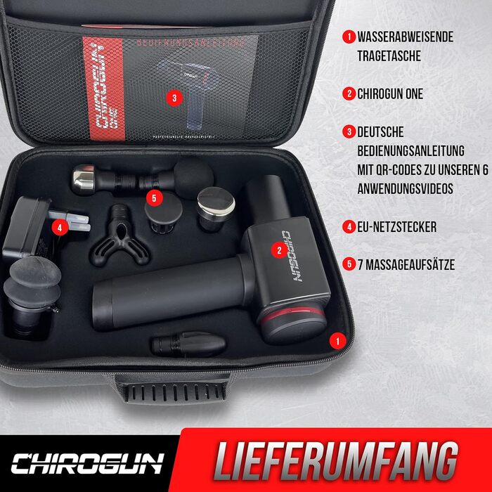 Масажер CHIROGUN® ONE - електричний масажний пістолет з 7 насадками, преміум масажер зі сталі з 6 рівнями інтенсивності, для спини, шиї, плечей, ніг, час роботи акумулятора 7 годин, чорний