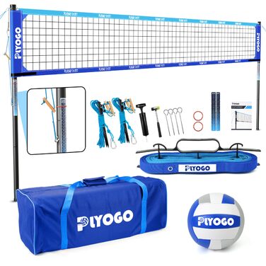 Волейбольна сітка PLYOGO для вулиці, професійна портативна волейбольна сітка з регульованими алюмінієвими стовпами, антипровисаюча конструкція, подвійний регулятор натягу для пляжу, трави | Сумка 1680D Blau
