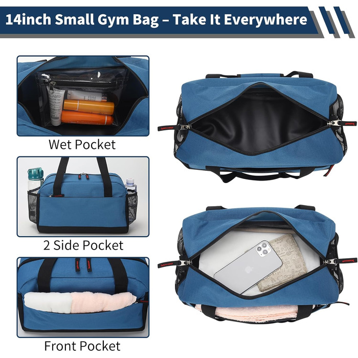 Спортивна сумка маленька з відділенням для мокрого, 35×20×20 см, ручна поклажа, міні-дуфл, блакитна