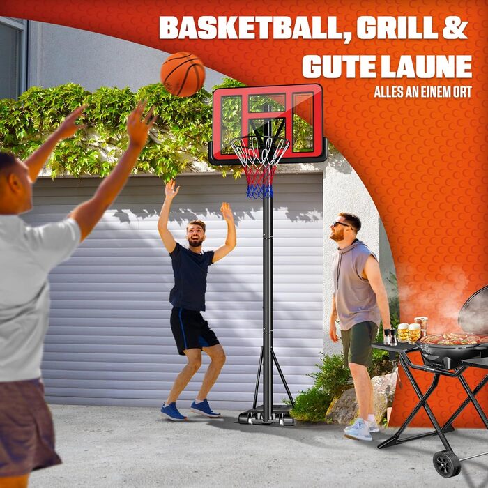 Баскетбольний кошик KESSER® Outdoor зі стійкою та колесами. В комплекті: 2 сітки, м'яч та насос. Регульована висота 230-305 см. Підходить для дітей та дорослих (червоний)