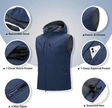 Чоловічий водонепроникний жилет Softshell з капюшоном та флісовою підкладкою 33,000ft, темно-синій, розмір 3XL