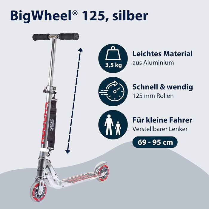 Дитячий самокат Hudora BigWheel 125 - міцний та якісний, з регулюванням висоти та складний, до 100 кг, з ремінцем (срібний)
