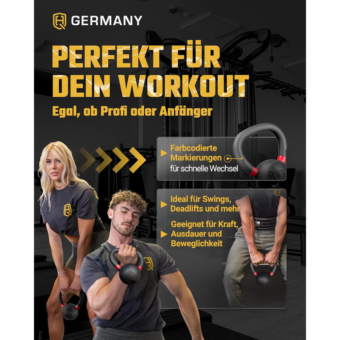 Кетлбел HQ Germany® з порошковим покриттям [2-32 кг/набори] - набір чавунних кетлбелів преміум-якості, ±2% допуск по вазі. Вага кульової гирі, набір гир, кетл-бел.