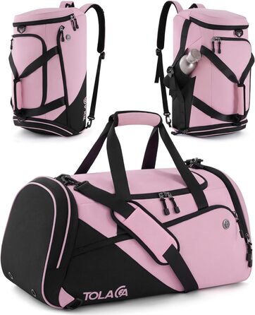 Спортивна сумка Tolaccea для чоловіків та жінок з відділенням для взуття та мокрих речей, рюкзак-дуffel для тренувань, фітнесу, басейну, подорожей (47л, чорно-рожевий)