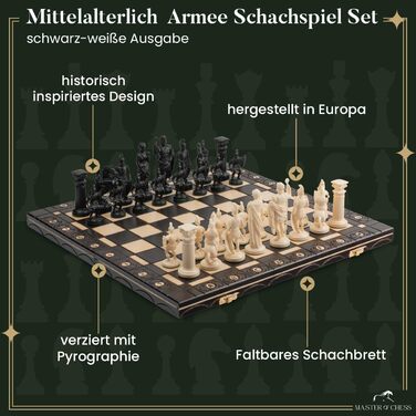 Шахи Master of Chess Black & White Edition, середньовічний стиль, дерев'яна дошка та пластикові фігури, для 2 гравців