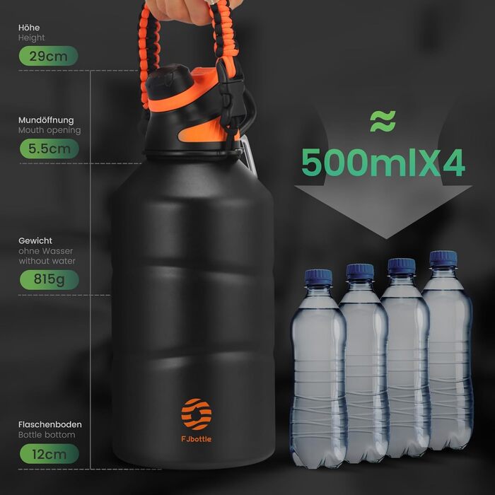 Термос-термобутилка Fjbottle з нержавіючої сталі 1900 мл з магнітною кришкою, BPA Free, подвійні стінки, для газованої води, спорт, фітнес, туризм, чорна з оранжевим