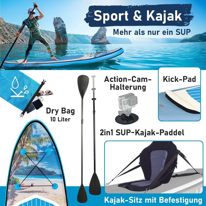 Надувний SUP-борд BRAST Tropic | Комплект для станд-ап паддлбордингу | 320x81x15 см | 6 дизайнів | 5 років гарантії | з аксесуарами | 2-в-1: SUP та каяк | тримач для Action Cam, ланцюг для ніг, насос, рюкзак (для пляжу)