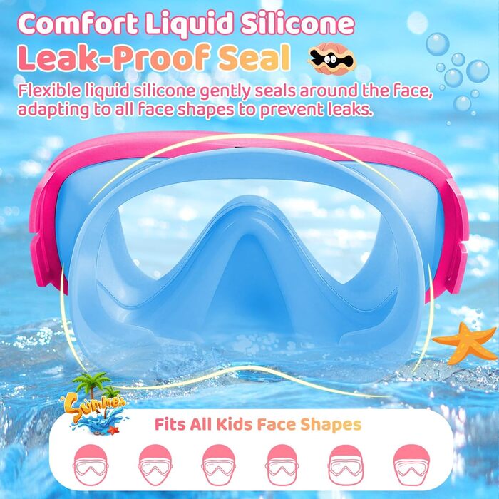Дитячі маски для снорклінгу Vvinca з регульованим ремінцем, маски для плавання для дітей 3-14 років, хлопчиків та дівчаток, маска для дайвінгу 180° панорама, антизатоплювальна, 1-блакитний+рожевий