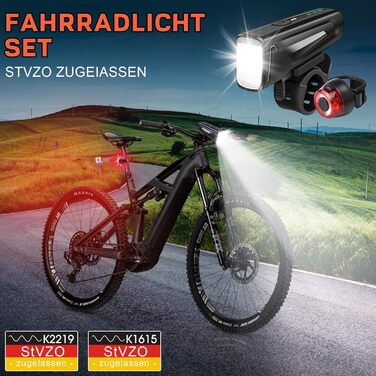 Набір LED-ліхтарів для велосипеда: передній ліхтар (60/35 LUX, 2 режими), задній ліхтар (4 LUX, 1 режим), USB-C зарядка, IPX5 водостійкість