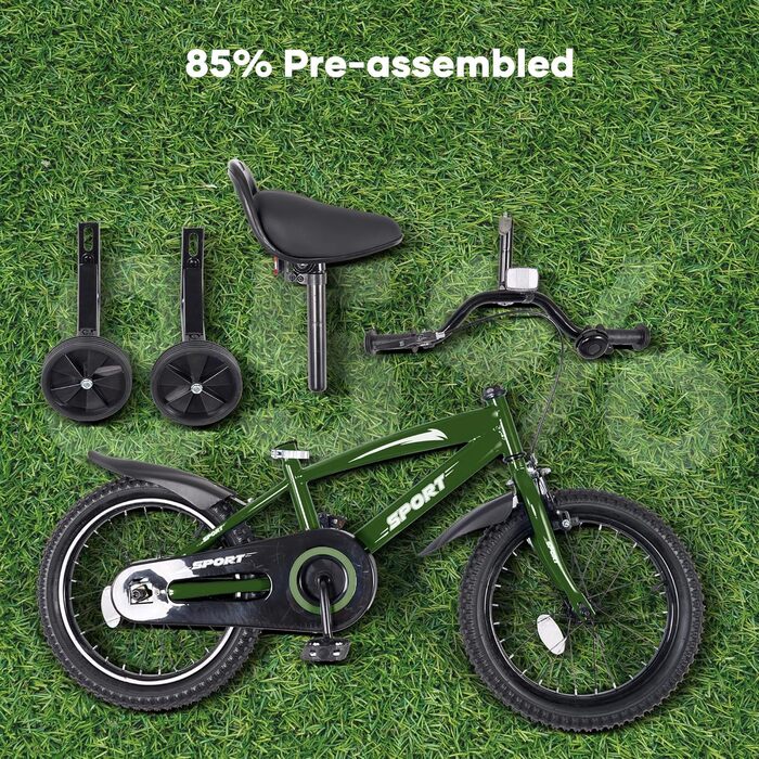 Дитячий велосипед BODIOO 14 дюймів: надійний велосипед для хлопчиків та дівчаток з додатковими колесами, регульованим сидінням та гальмами