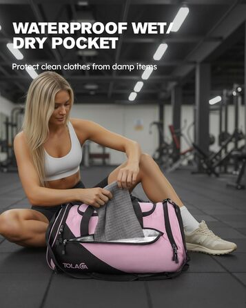 Спортивна сумка Tolaccea для чоловіків та жінок з відділенням для взуття та мокрих речей, рюкзак-дуffel для тренувань, фітнесу, басейну, подорожей (47л, чорно-рожевий)