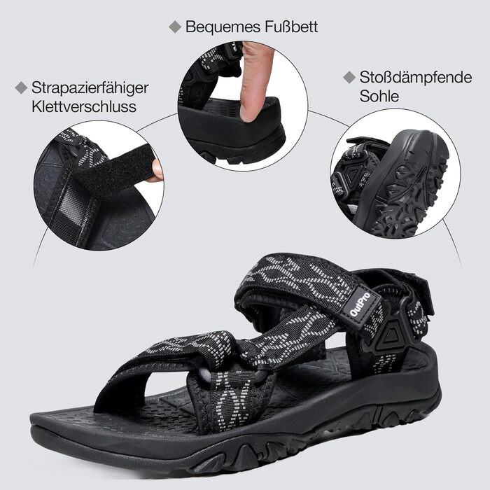 Чоловічі сандалі для туризму та відпочинку Trekking Sandalen 44 EU, чорні. Нековзні, зручні спортивні сандалі для пляжу та активного відпочинку.