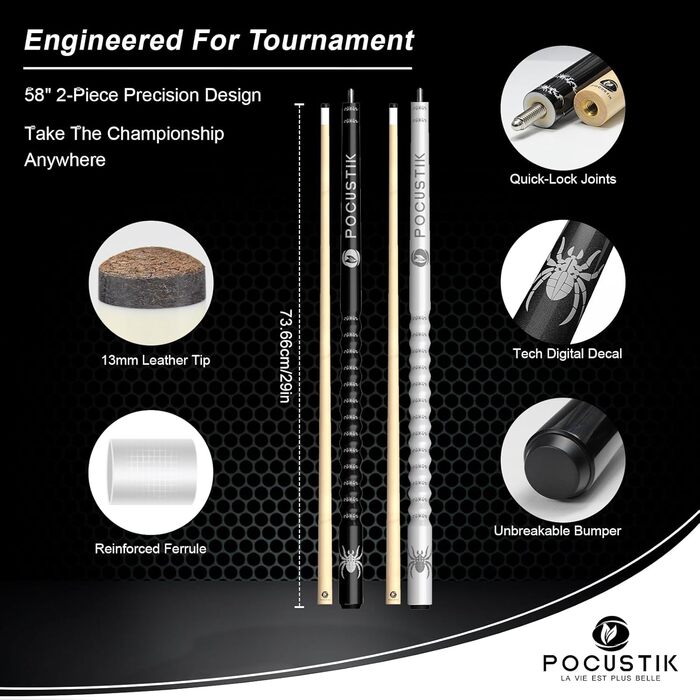 Набір для більярду Pocustik: 2 шт. кийки, канадський клен, 147.3 см, ергономічні, для дому, синій/фіолетовий або чорний/червоний