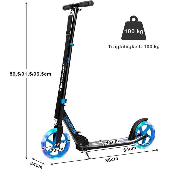 Дитячий трюковий самокат GOPLUS Roller Kinder 10 років, 3-ступенева регулювання висоти, алюмінієвий, складної конструкції, з LED-колесами, гальмом на задньому колесі, ременем та підставкою, до 100 кг (Блакитний)