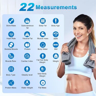 Вага для вимірювання жиру в тілі з великим дисплеєм, точна вага з аналізом жиру та м'язової маси, персональна вага з аналізом складу тіла (22 показники), частота серцевих скорочень, ІМТ, смарт-вага з підключенням до додатку