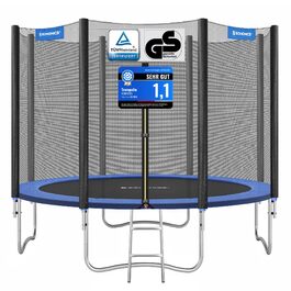 Батут SONGMICS Outdoor Ø 183/244/305/366/427 см, круглий, для саду, з захисним покриттям, сіткою, сходами та м'якими стійками. Кольори: блакитний