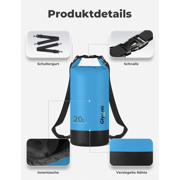 Водонепроникний мішок Glymnis Dry Bag 10L/20L: Сумка для водного спорту, пляжу, кемпінгу (Блакитний)