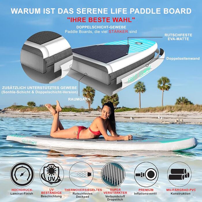 Надувна SUP-дошка SereneLife для дітей і дорослих з повним комплектом аксесуарів: антиковзке покриття, насос, весло, сумка для перенесення. Преміум якість для серфінгу та веслування на воді.