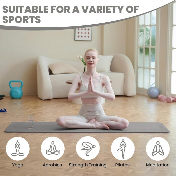 Yogamatta для жінок з антиковзким покриттям 10 мм. Товста килимок для йоги, пілатесу та фітнесу 183x61 см (сірий) з чохлом